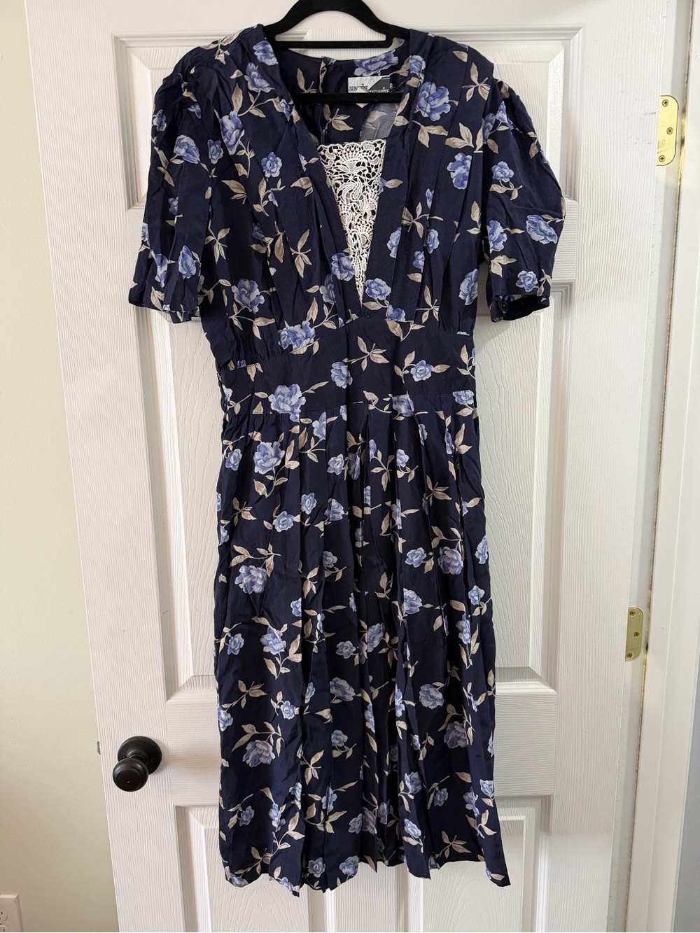 Navy Floral Midi Dress with Lace Inset by